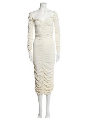 KHAITE Cream Ruched Off-Shoulder Long Sleeve Midi Dress